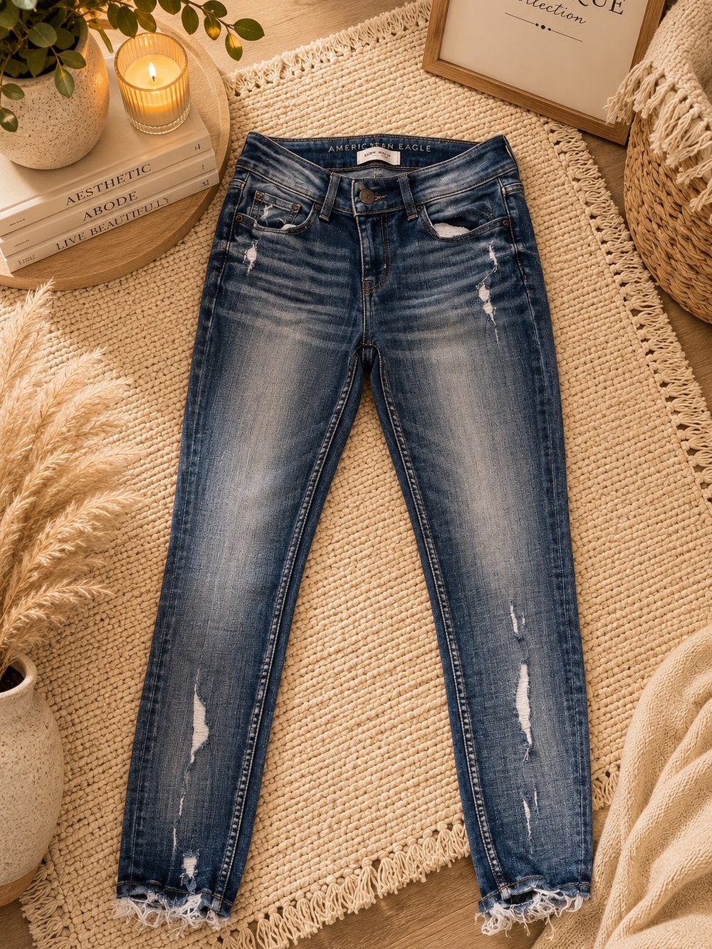 American Eagle Outfitters Women's Skinny Jeans - Distressed Dark Blue Wash